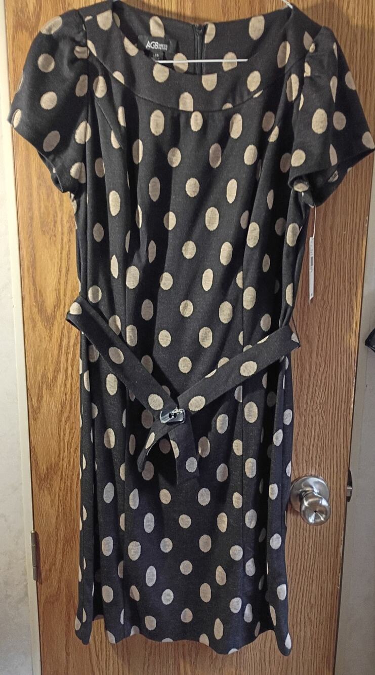 NWT Petite 14P Black Tan Polka Dot Midi Dress Belted Retro Flutter Sleeve Party